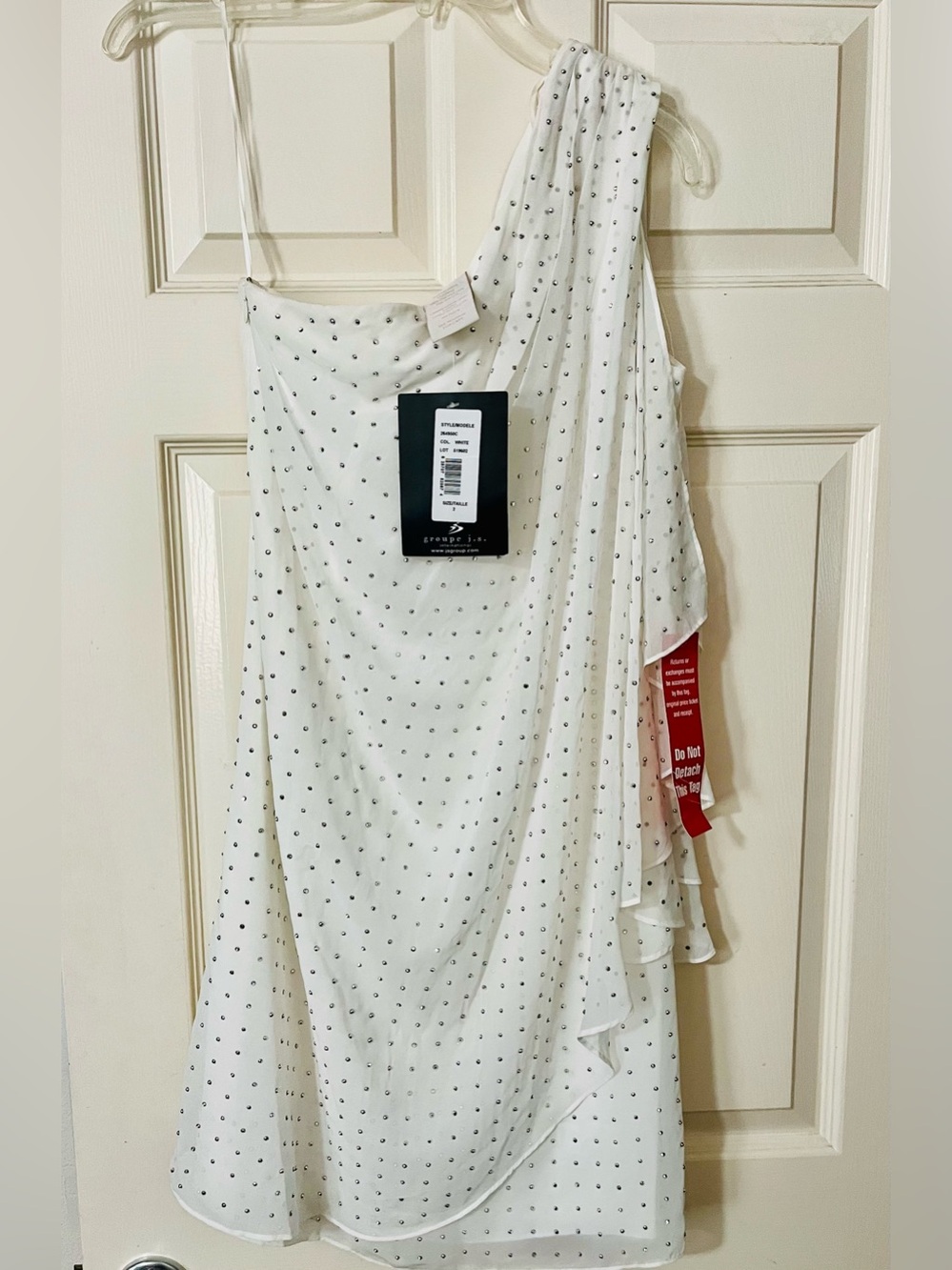 JS Boutique One-Shoulder Studded Chiffon Dress Ivory NWT